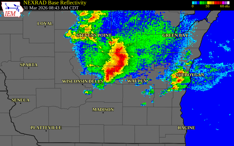 NEXRAD radar during the Tuesday, March 31, 2026 storm activity in Green Lake County, Wisconsin