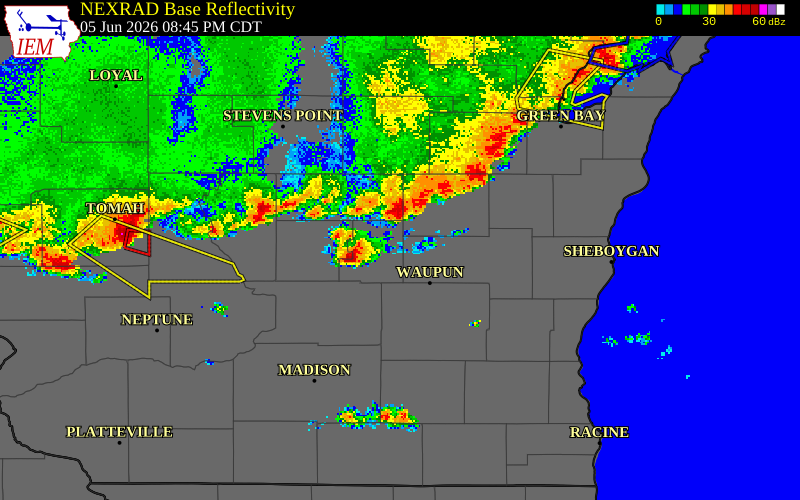 NEXRAD radar during the Friday, June 5, 2026 storm activity in Green Lake County, Wisconsin