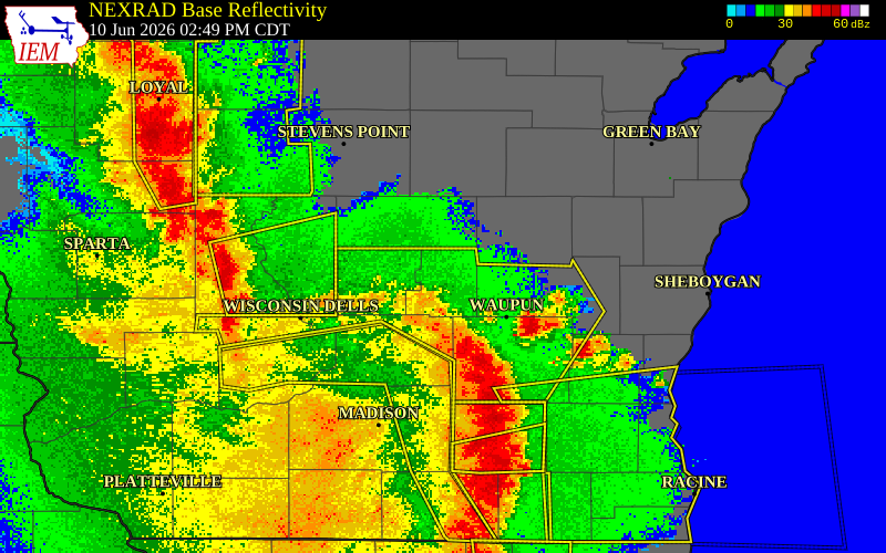 NEXRAD radar during the Wednesday, June 10, 2026 storm activity in Green Lake County, Wisconsin