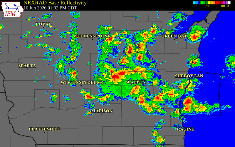 NEXRAD radar during the Tuesday, June 16, 2026 storm activity in Green Lake County, Wisconsin
