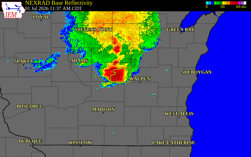 NEXRAD radar during the Wednesday, July 1, 2026 storm activity in Green Lake County, Wisconsin