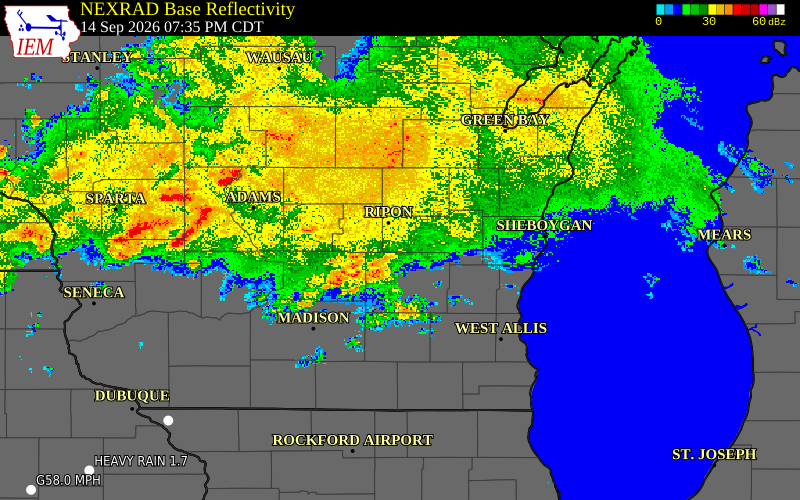 Current NEXRAD radar over Green Lake County, Wisconsin with recent storm report locations