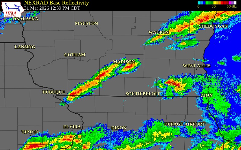 NEXRAD radar during the Tuesday, March 31, 2026 storm activity in Green County, Wisconsin