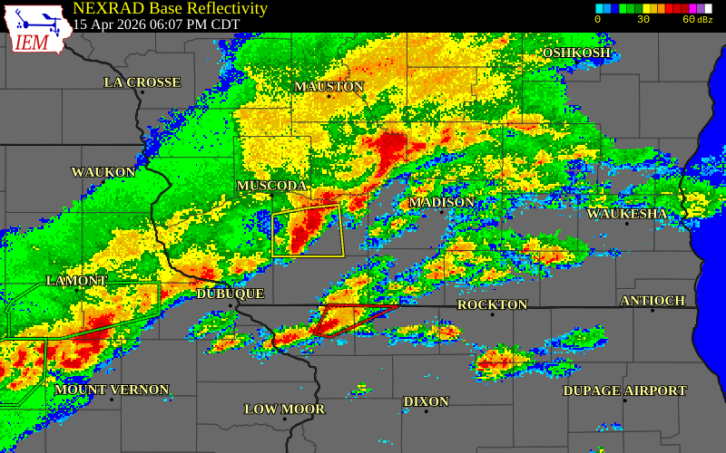 NEXRAD radar during the Wednesday, April 15, 2026 storm activity in Green County, Wisconsin