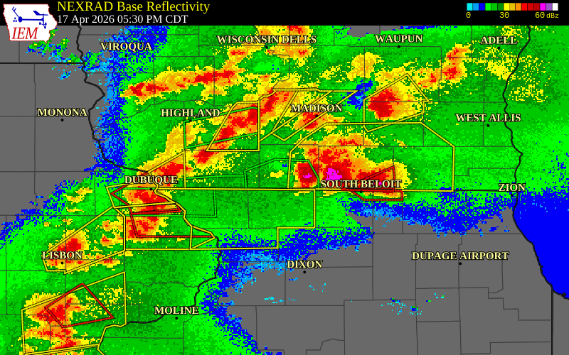 NEXRAD radar during the Friday, April 17, 2026 storm activity in Green County, Wisconsin