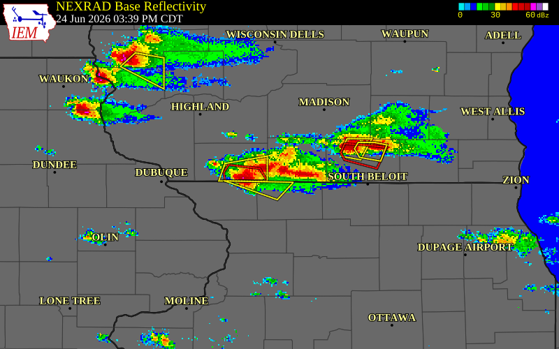 NEXRAD radar during the Wednesday, June 24, 2026 storm activity in Green County, Wisconsin