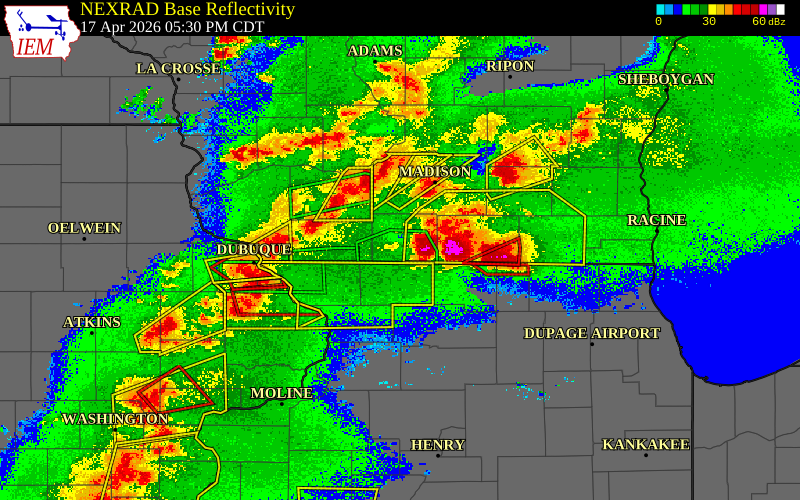 Radar snapshot during the Apr 17, 2026 hail event near Monroe, Green County, Wisconsin, with NWS warning polygons