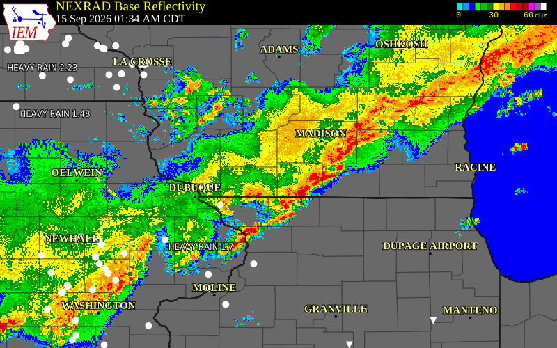 Current NEXRAD radar over Green County, Wisconsin with recent storm report locations
