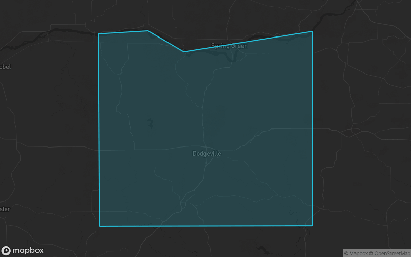 Map of Iowa County, Wisconsin showing the county boundary and surrounding cities