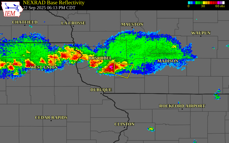 NEXRAD radar during the Monday, September 22, 2025 storm activity in Iowa County, Wisconsin