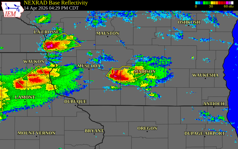 NEXRAD radar during the Tuesday, April 14, 2026 storm activity in Iowa County, Wisconsin