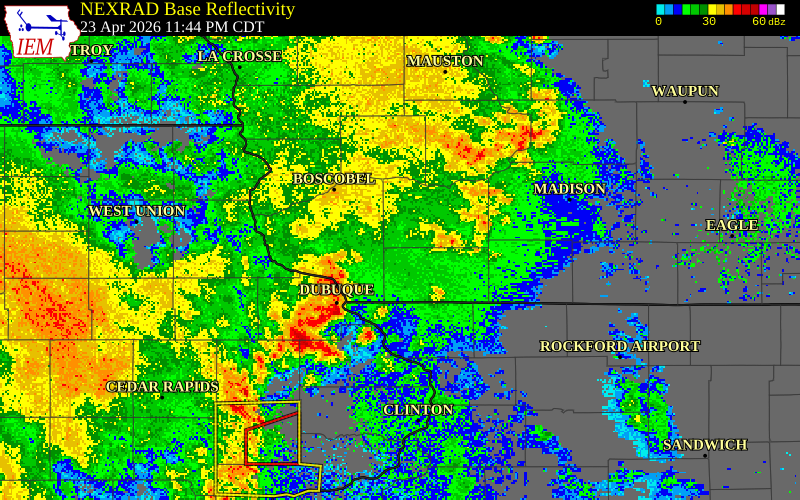 NEXRAD radar during the Thursday, April 23, 2026 storm activity in Iowa County, Wisconsin