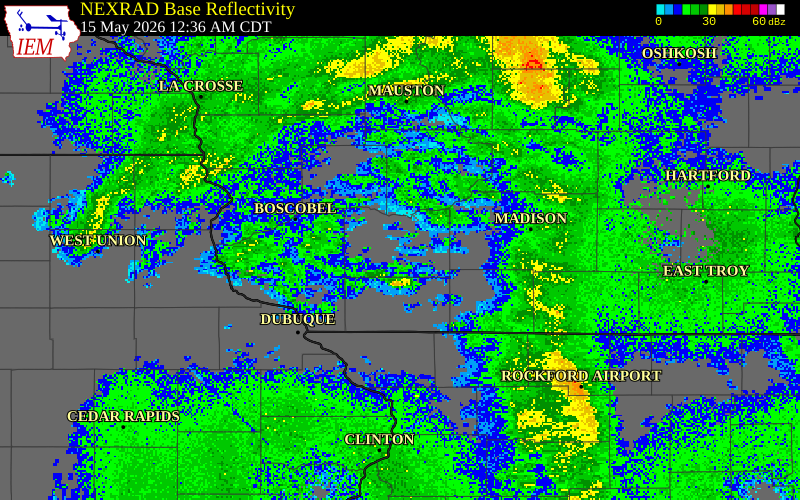 NEXRAD radar during the Friday, May 15, 2026 storm activity in Iowa County, Wisconsin