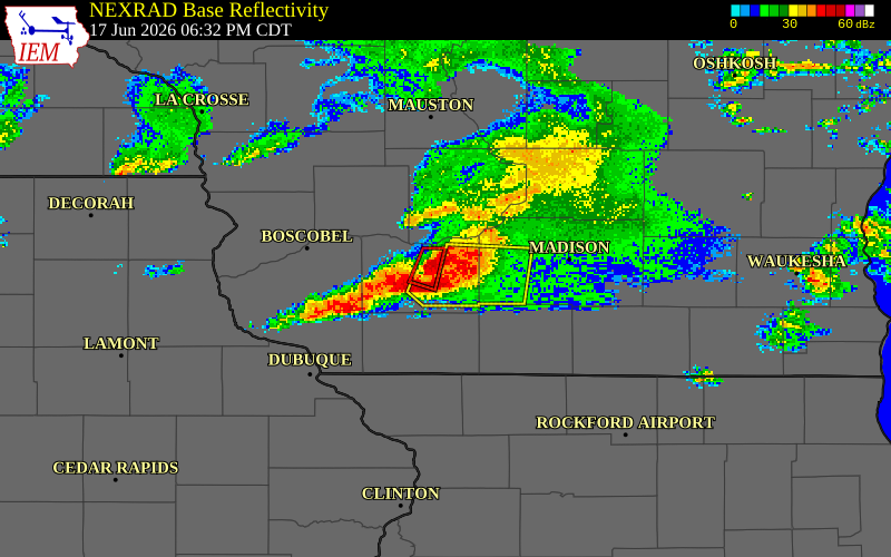 NEXRAD radar during the Wednesday, June 17, 2026 storm activity in Iowa County, Wisconsin