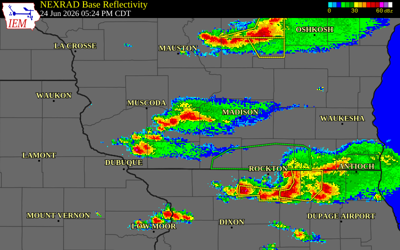 NEXRAD radar during the Wednesday, June 24, 2026 storm activity in Iowa County, Wisconsin