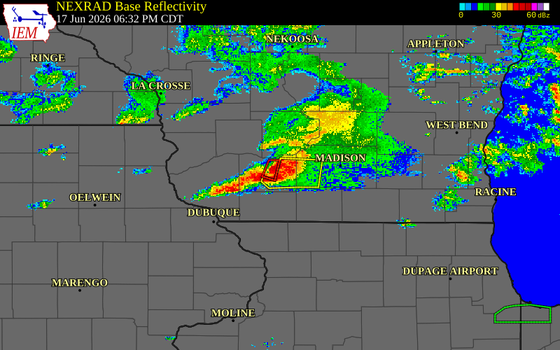 Radar snapshot during the Jun 17, 2026 tornado event near 1 SW Ridgeway, Iowa County, Wisconsin, with NWS warning polygons