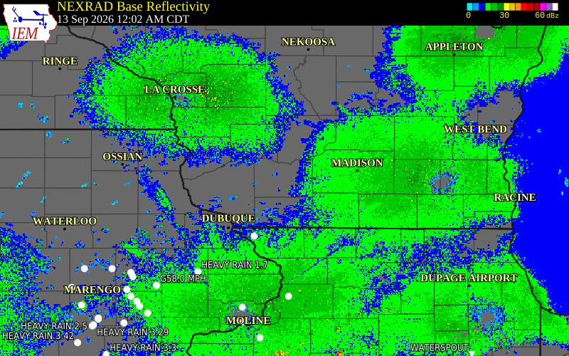 Current NEXRAD radar over Iowa County, Wisconsin with recent storm report locations