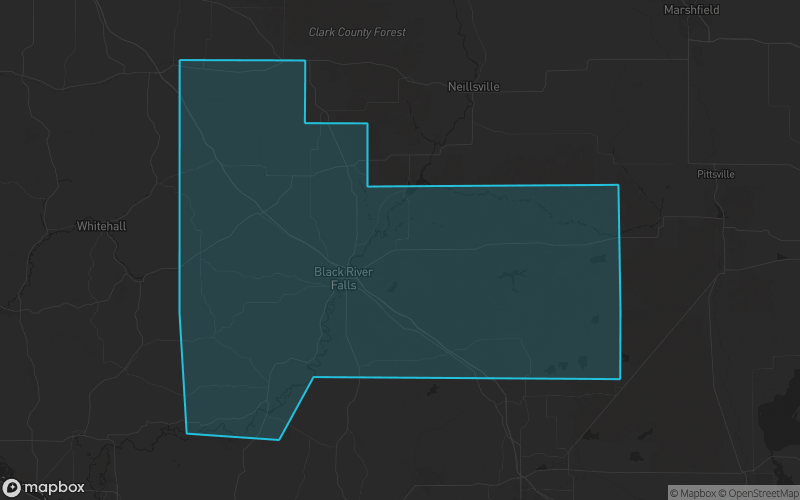 Map of Jackson County, Wisconsin showing the county boundary and surrounding cities