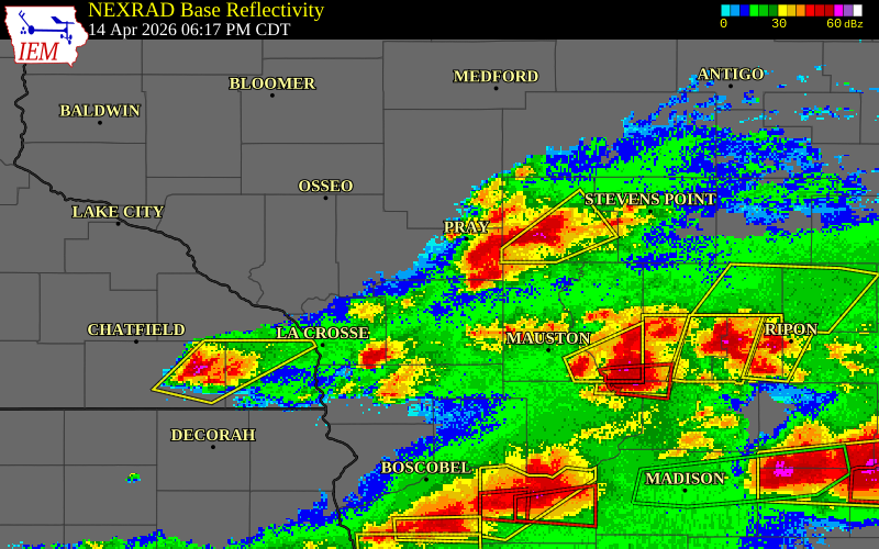 NEXRAD radar during the Tuesday, April 14, 2026 storm activity in Jackson County, Wisconsin