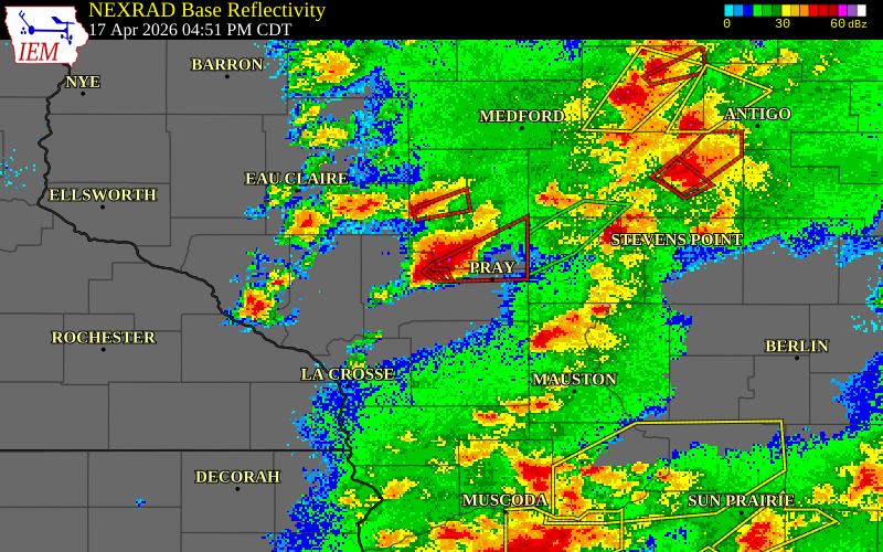 NEXRAD radar during the Friday, April 17, 2026 storm activity in Jackson County, Wisconsin