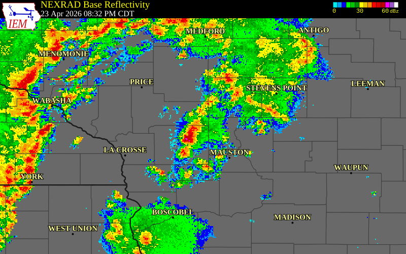 NEXRAD radar during the Thursday, April 23, 2026 storm activity in Jackson County, Wisconsin