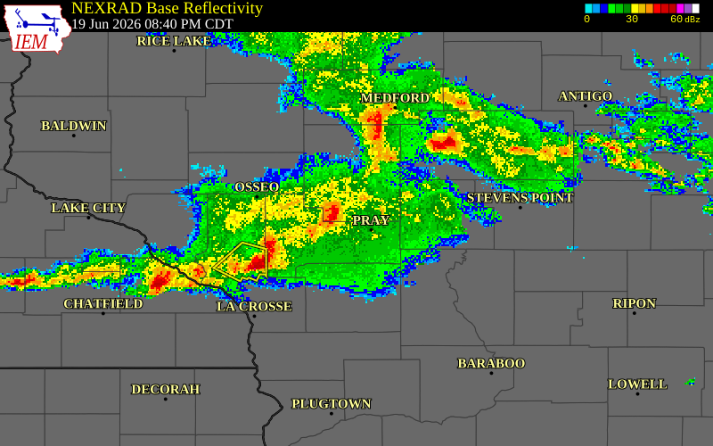 NEXRAD radar during the Friday, June 19, 2026 storm activity in Jackson County, Wisconsin
