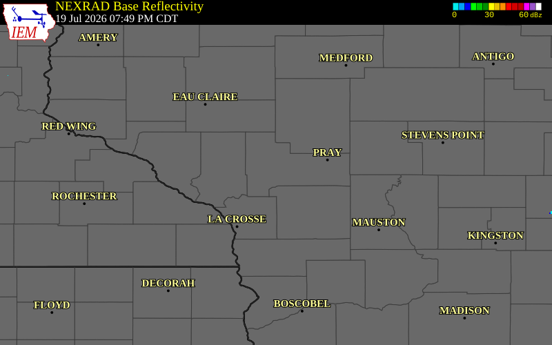 NEXRAD radar during the Sunday, July 19, 2026 storm activity in Jackson County, Wisconsin