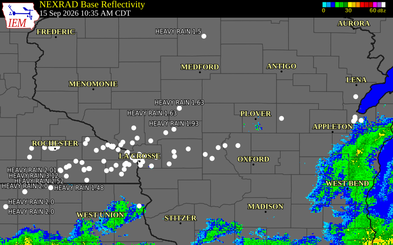 Current NEXRAD radar over Jackson County, Wisconsin with recent storm report locations