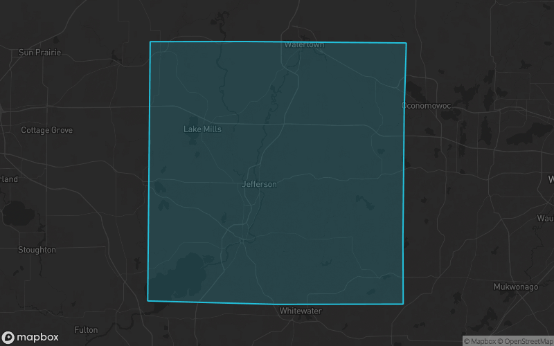 Map of Jefferson County, Wisconsin showing the county boundary and surrounding cities