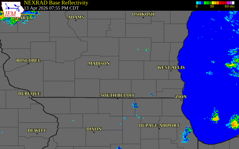 NEXRAD radar during the Monday, April 13, 2026 storm activity in Jefferson County, Wisconsin