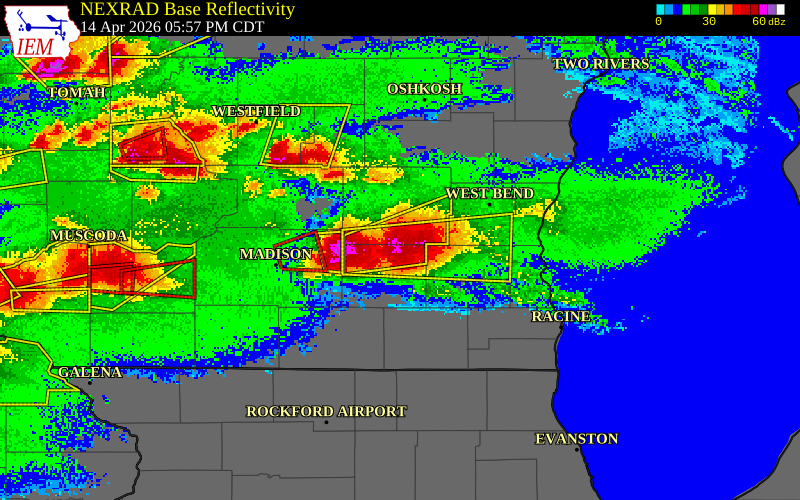 NEXRAD radar during the Tuesday, April 14, 2026 storm activity in Jefferson County, Wisconsin