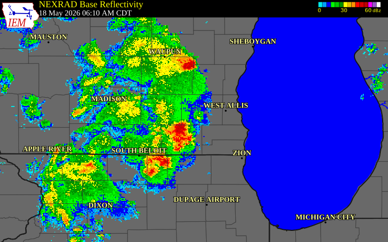 NEXRAD radar during the Monday, May 18, 2026 storm activity in Jefferson County, Wisconsin