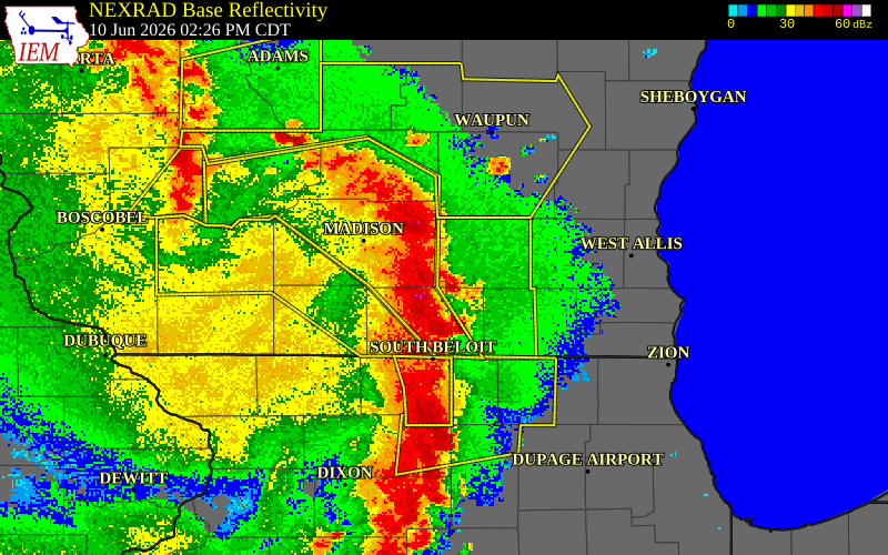 NEXRAD radar during the Wednesday, June 10, 2026 storm activity in Jefferson County, Wisconsin
