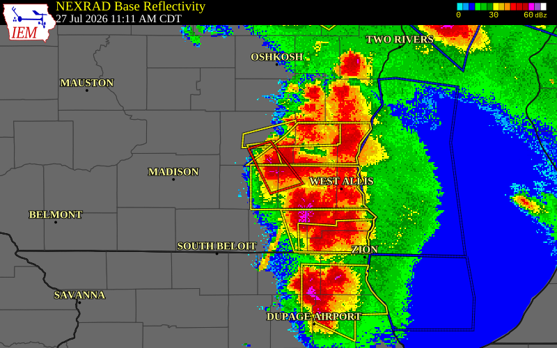 NEXRAD radar during the Monday, July 27, 2026 storm activity in Jefferson County, Wisconsin