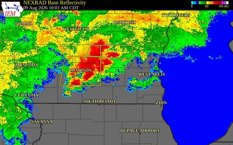 NEXRAD radar during the Sunday, August 9, 2026 storm activity in Jefferson County, Wisconsin