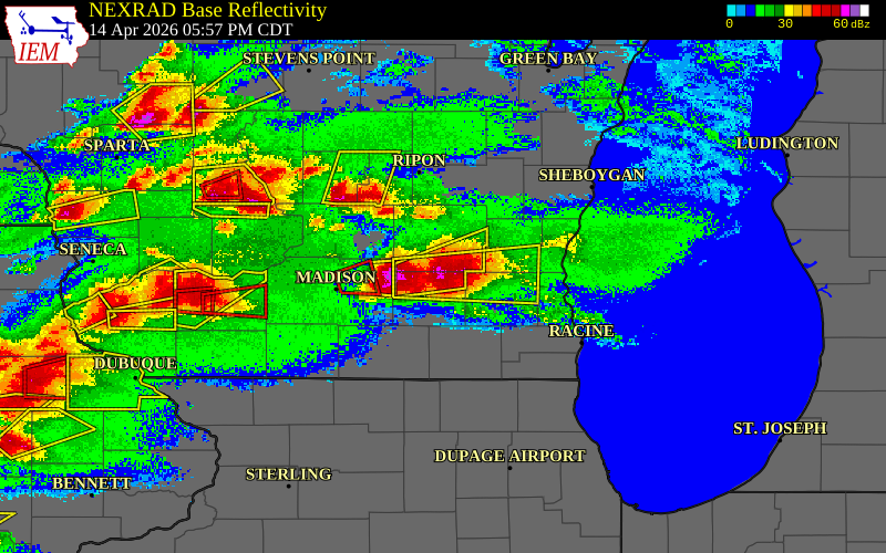 Radar snapshot during the Apr 14, 2026 hail event near 2 SE Watertown, Jefferson County, Wisconsin, with NWS warning polygons