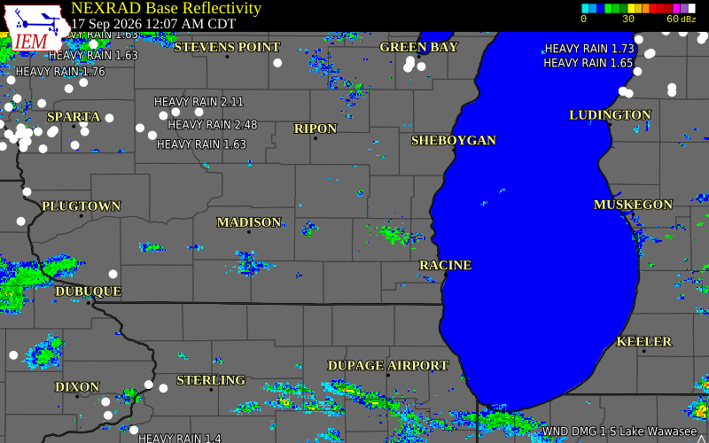 Current NEXRAD radar over Jefferson County, Wisconsin with recent storm report locations