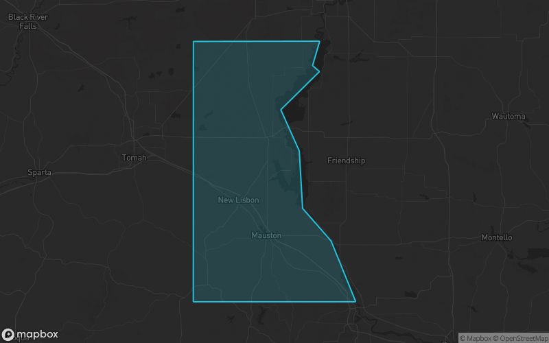Map of Juneau County, Wisconsin showing the county boundary and surrounding cities