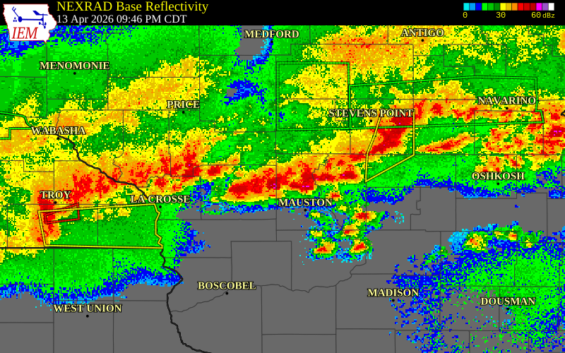 NEXRAD radar during the Monday, April 13, 2026 storm activity in Juneau County, Wisconsin