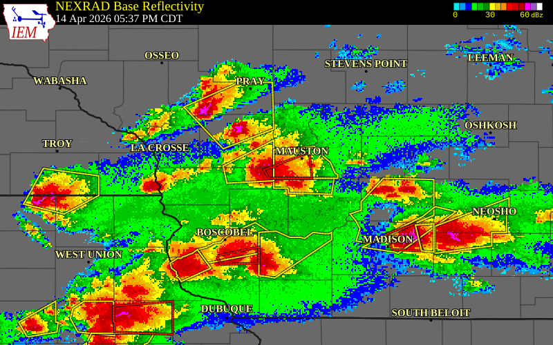 NEXRAD radar during the Tuesday, April 14, 2026 storm activity in Juneau County, Wisconsin