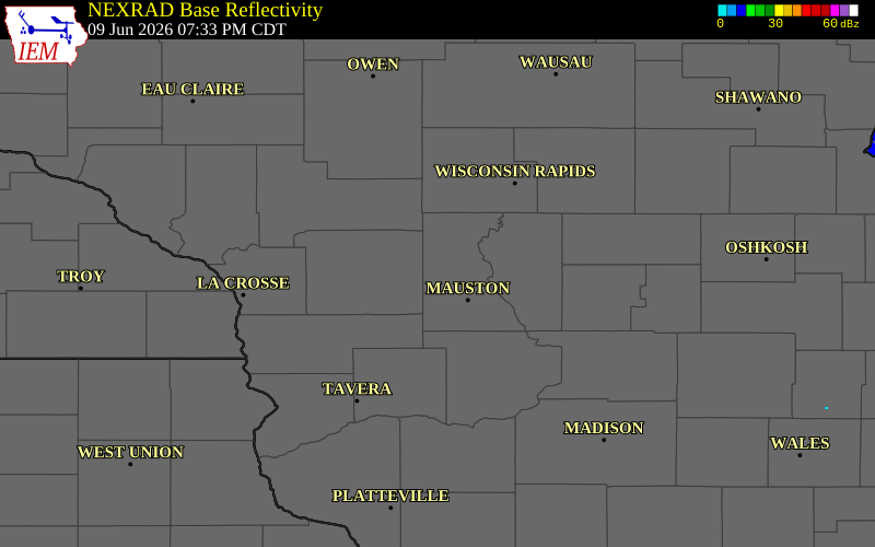 NEXRAD radar during the Tuesday, June 9, 2026 storm activity in Juneau County, Wisconsin