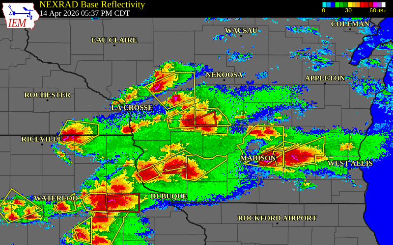 Radar snapshot during the Apr 14, 2026 tornado event near 2 WNW Union Center, Juneau County, Wisconsin, with NWS warning polygons