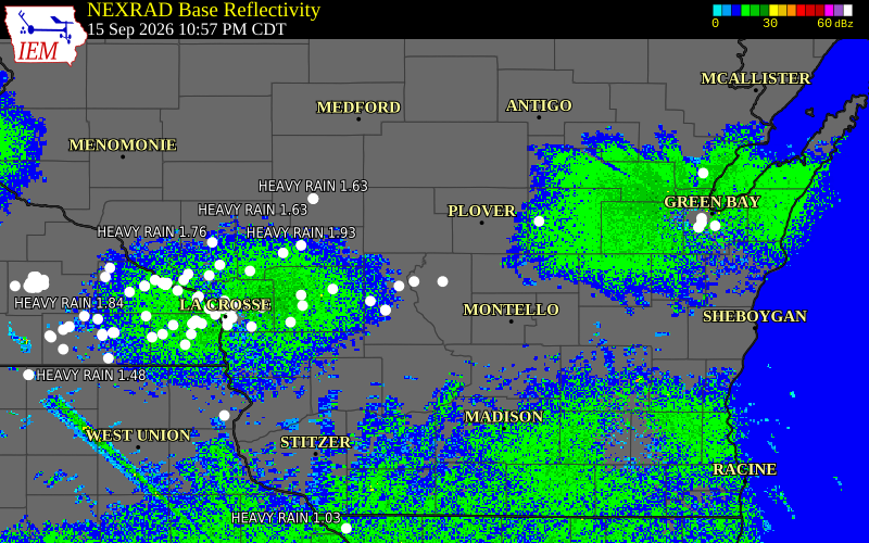 Current NEXRAD radar over Juneau County, Wisconsin with recent storm report locations