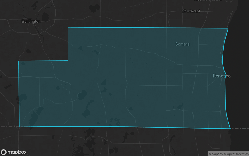 Map of Kenosha County, Wisconsin showing the county boundary and surrounding cities