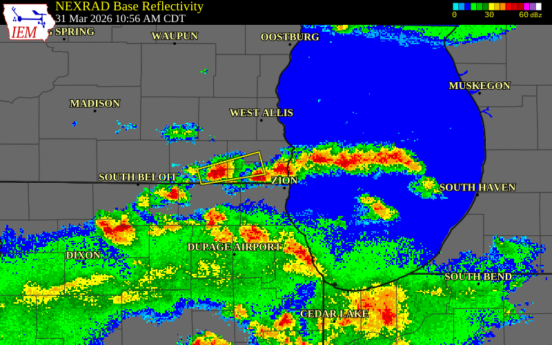NEXRAD radar during the Tuesday, March 31, 2026 storm activity in Kenosha County, Wisconsin