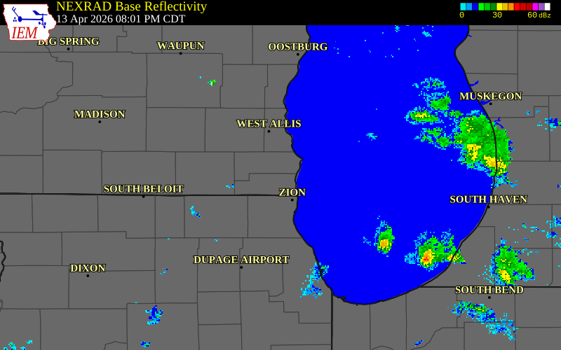 NEXRAD radar during the Monday, April 13, 2026 storm activity in Kenosha County, Wisconsin