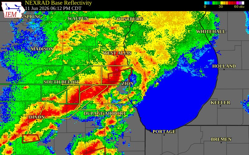 NEXRAD radar during the Thursday, June 11, 2026 storm activity in Kenosha County, Wisconsin
