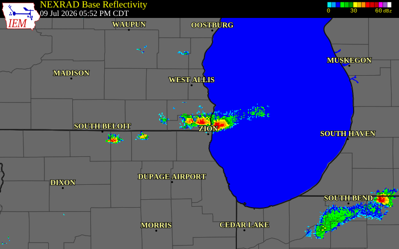 NEXRAD radar during the Thursday, July 9, 2026 storm activity in Kenosha County, Wisconsin
