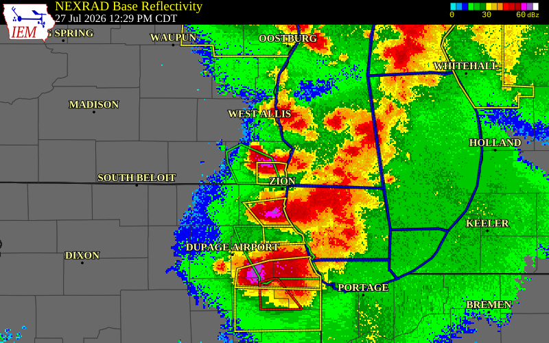 NEXRAD radar during the Monday, July 27, 2026 storm activity in Kenosha County, Wisconsin