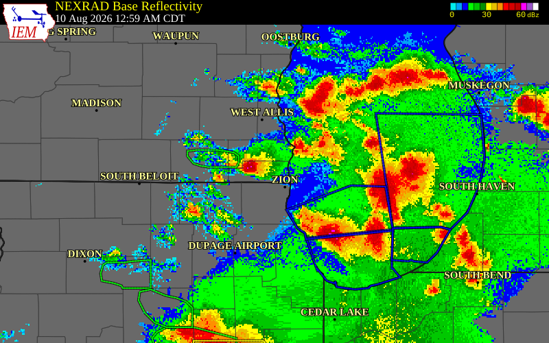 NEXRAD radar during the Monday, August 10, 2026 storm activity in Kenosha County, Wisconsin